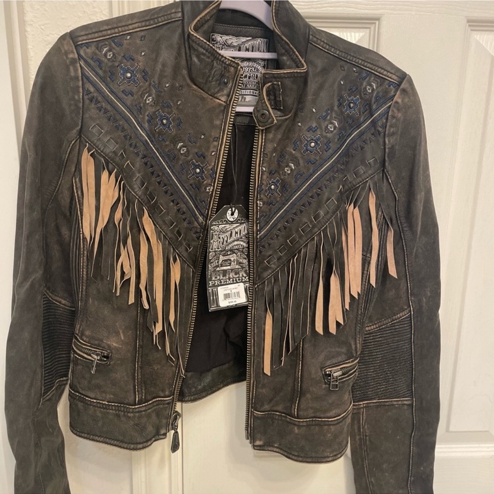 Affliction Black Leather Jacket with Fringe - Picture 4 of 5